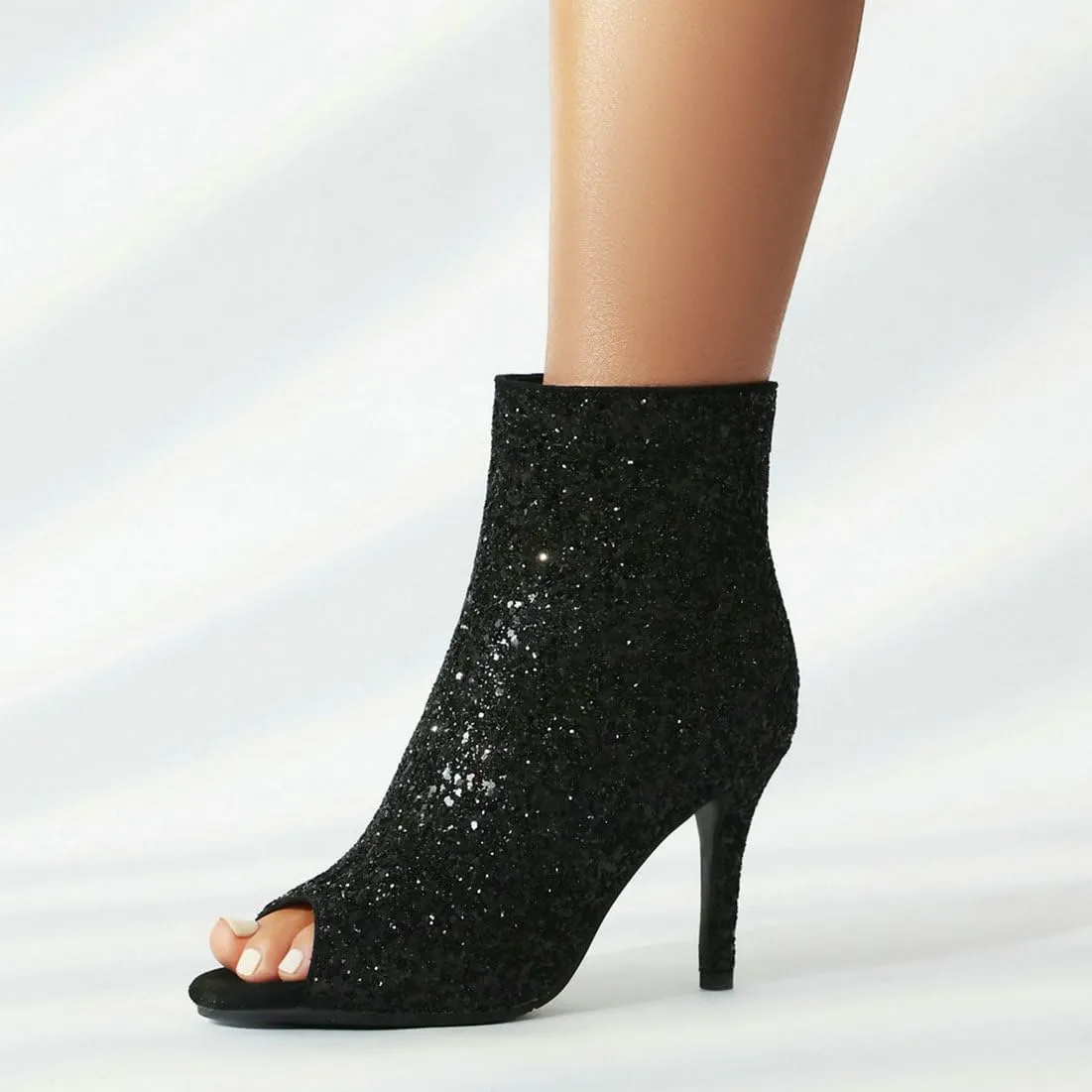 LUXMAX Women Peep Toe Stiletto Booties Glitter High Heel Boots Side Zip Sparkly Ankle Boots