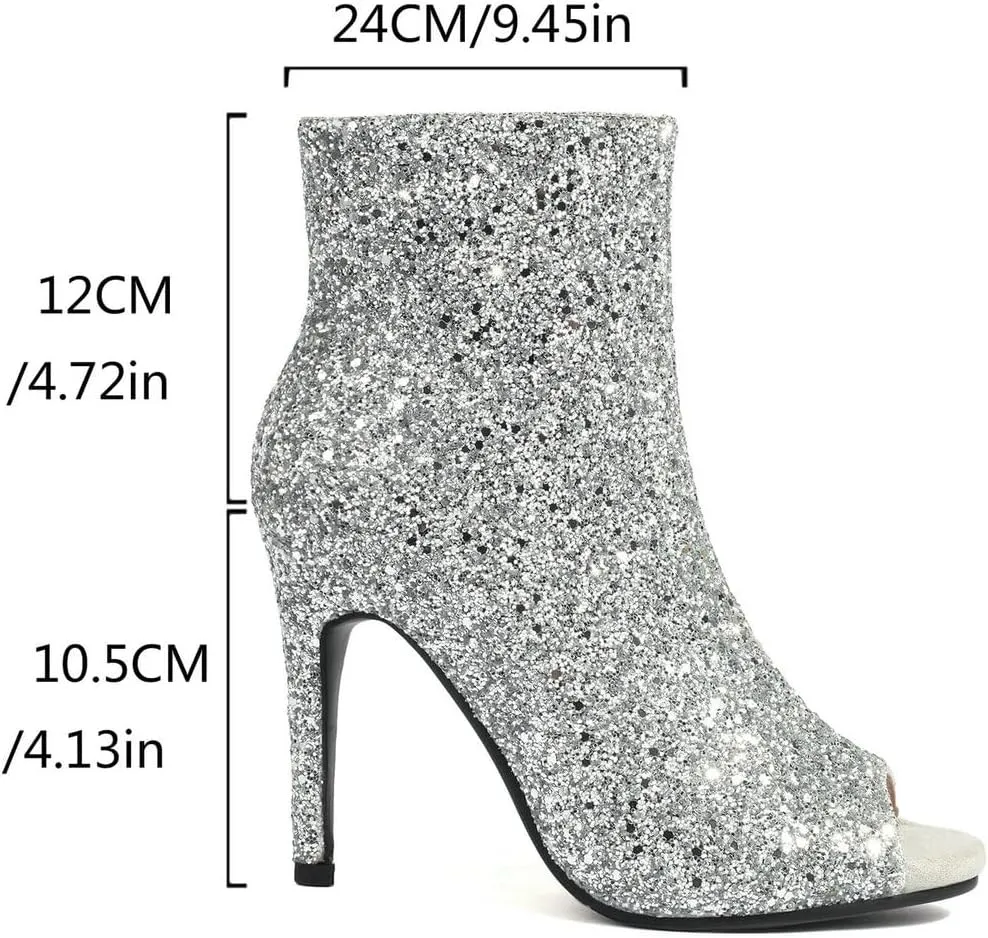LUXMAX Women Peep Toe Stiletto Booties Glitter High Heel Boots Side Zip Sparkly Ankle Boots