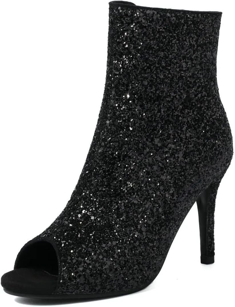 LUXMAX Women Peep Toe Stiletto Booties Glitter High Heel Boots Side Zip Sparkly Ankle Boots