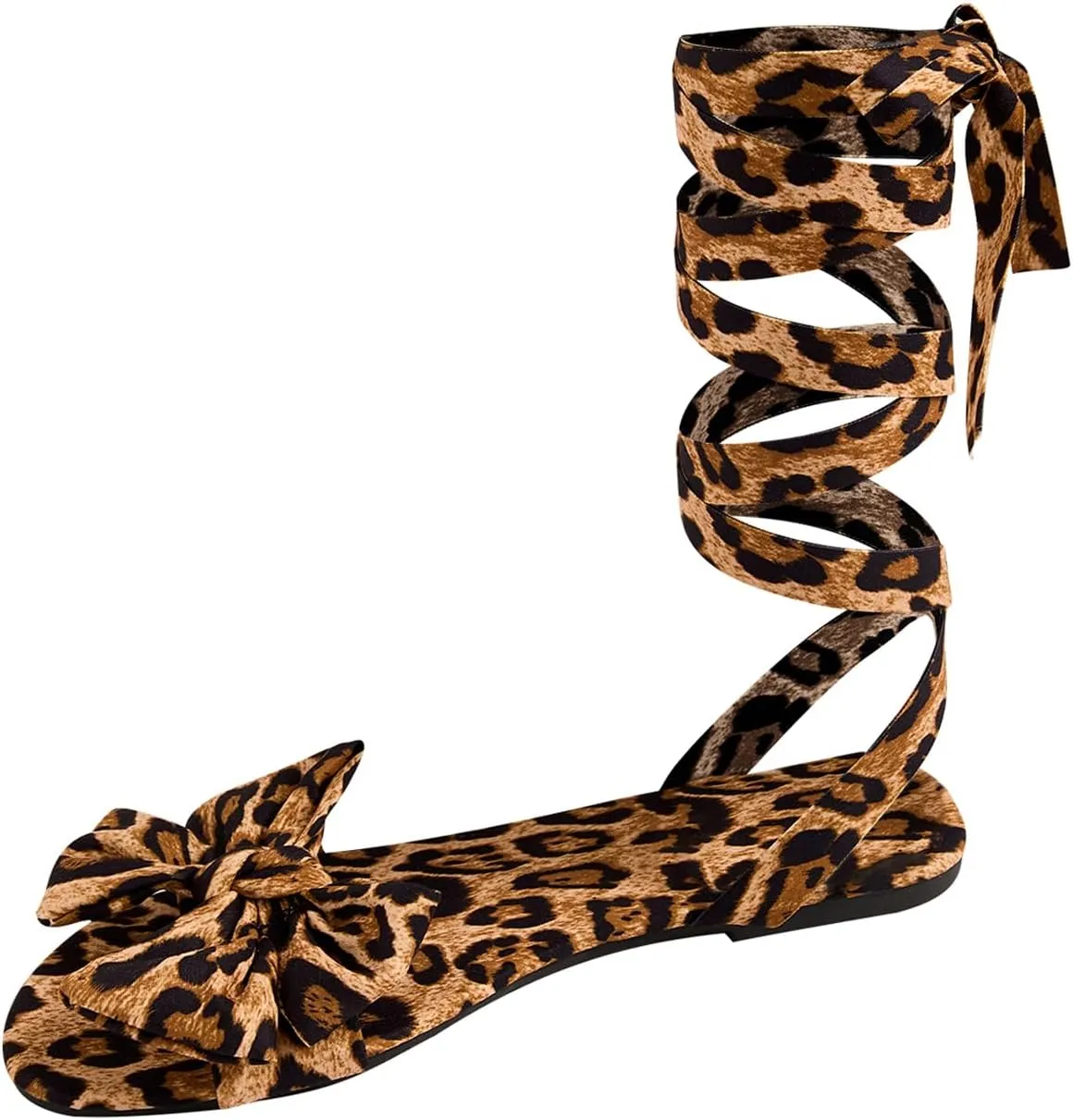 MakeMeChic Women's Cheetah Print Bow Flat Sandals Lace Up Sandals Open Toe Dressy Slide Sandals