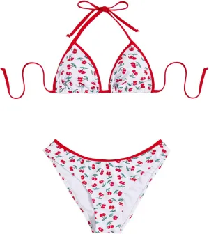 MakeMeChic Women's Cherry Print Bikini Set Halter Triangle Backless Swimwear Bathing Suit