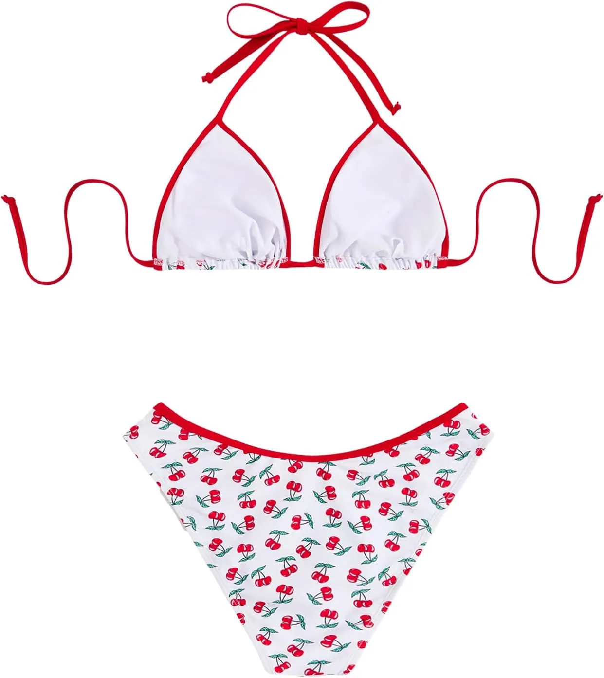 MakeMeChic Women's Cherry Print Bikini Set Halter Triangle Backless Swimwear Bathing Suit