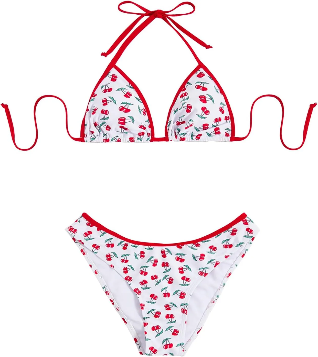 MakeMeChic Women's Cherry Print Bikini Set Halter Triangle Backless Swimwear Bathing Suit