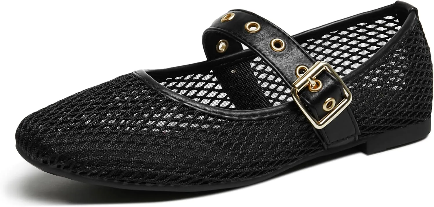 Mary Jane Shoes Women Fishnet Mesh Ballet Flats with Strap Buckle Closed Toe MaryJanes Shoes Ballerina Flats for Women Dressy Comfortable