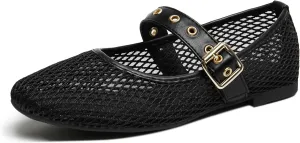 Mary Jane Shoes Women Fishnet Mesh Ballet Flats with Strap Buckle Closed Toe MaryJanes Shoes Ballerina Flats for Women Dressy Comfortable
