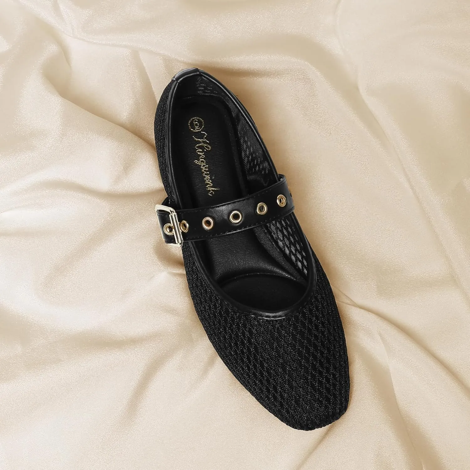 Mary Jane Shoes Women Fishnet Mesh Ballet Flats with Strap Buckle Closed Toe MaryJanes Shoes Ballerina Flats for Women Dressy Comfortable