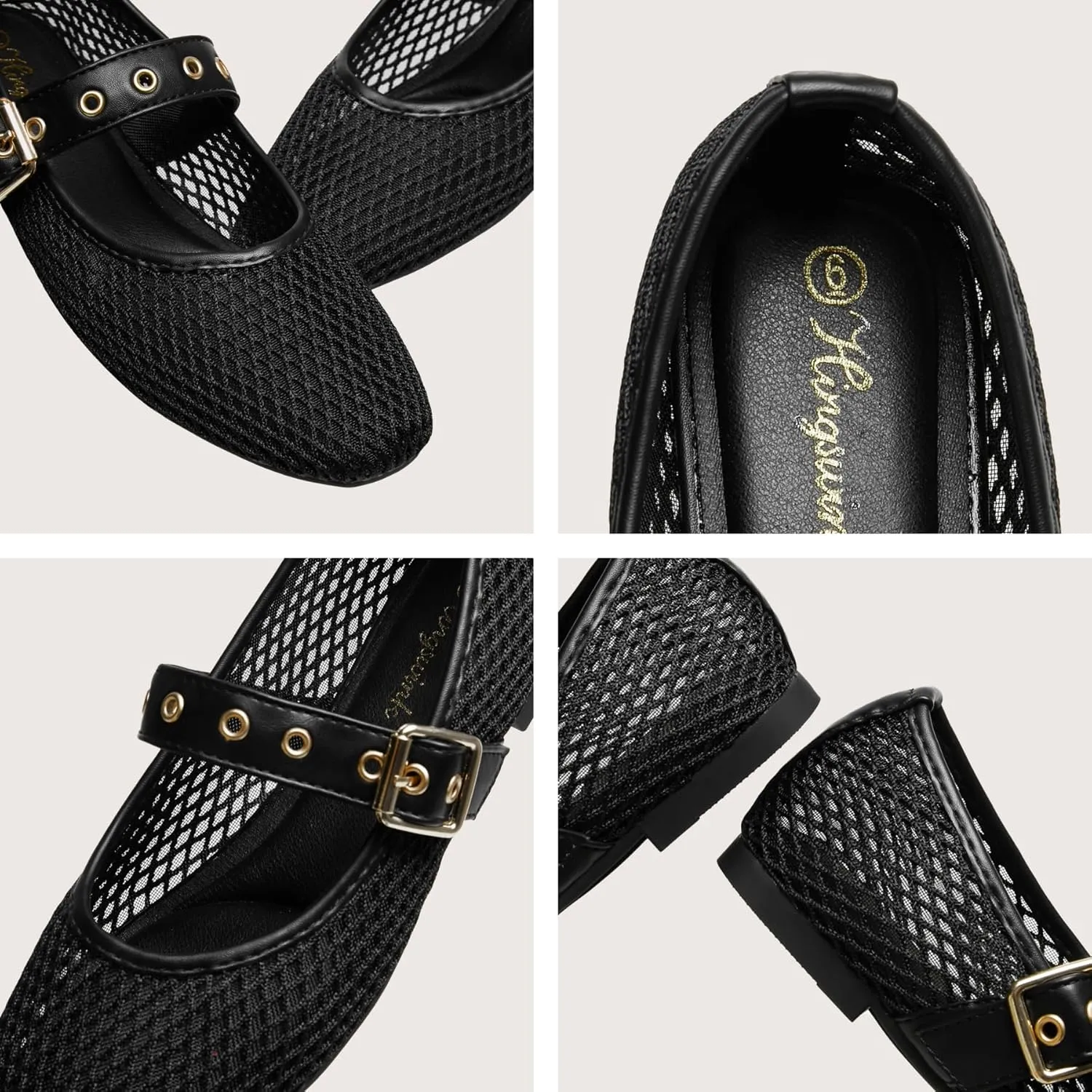 Mary Jane Shoes Women Fishnet Mesh Ballet Flats with Strap Buckle Closed Toe MaryJanes Shoes Ballerina Flats for Women Dressy Comfortable