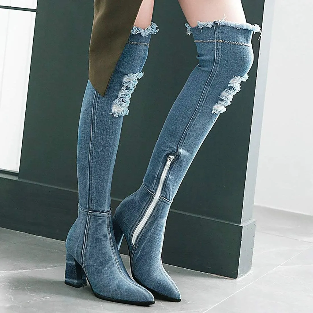 MAVMAX Denim Ankle Boots for Women Pointed Toe Chunky High Heel Jeans Denim Blue Short Mid Calf Booties with Side Zipper