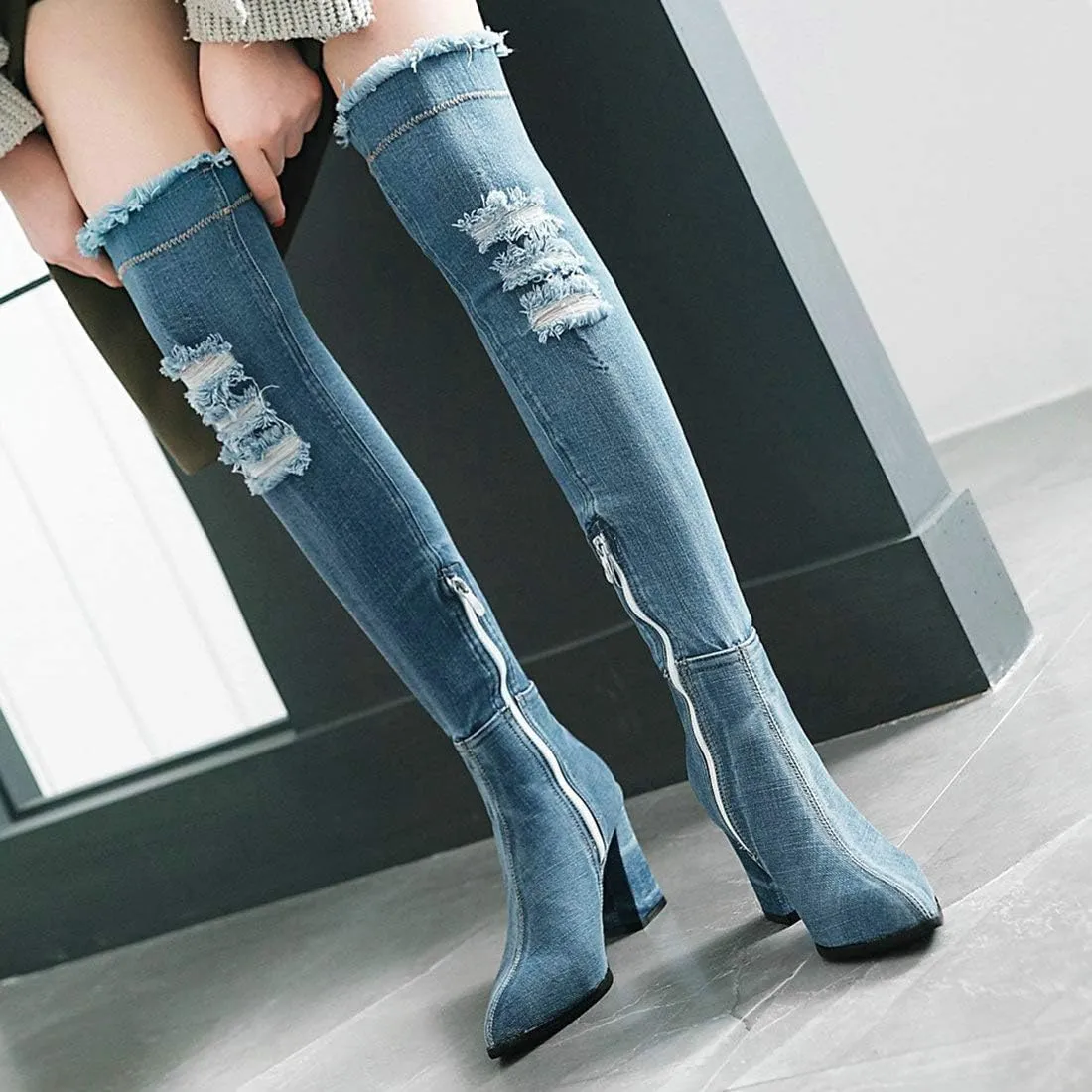 MAVMAX Denim Ankle Boots for Women Pointed Toe Chunky High Heel Jeans Denim Blue Short Mid Calf Booties with Side Zipper