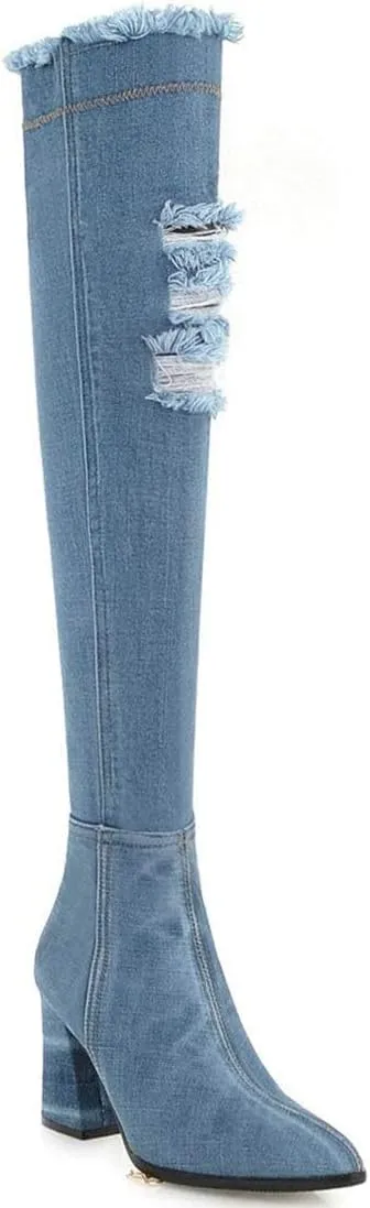 MAVMAX Denim Ankle Boots for Women Pointed Toe Chunky High Heel Jeans Denim Blue Short Mid Calf Booties with Side Zipper