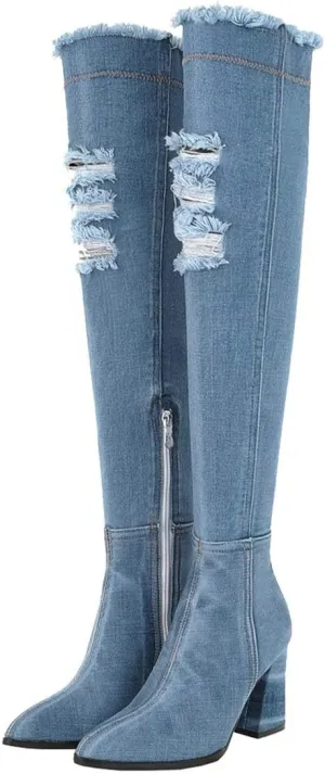 MAVMAX Denim Ankle Boots for Women Pointed Toe Chunky High Heel Jeans Denim Blue Short Mid Calf Booties with Side Zipper
