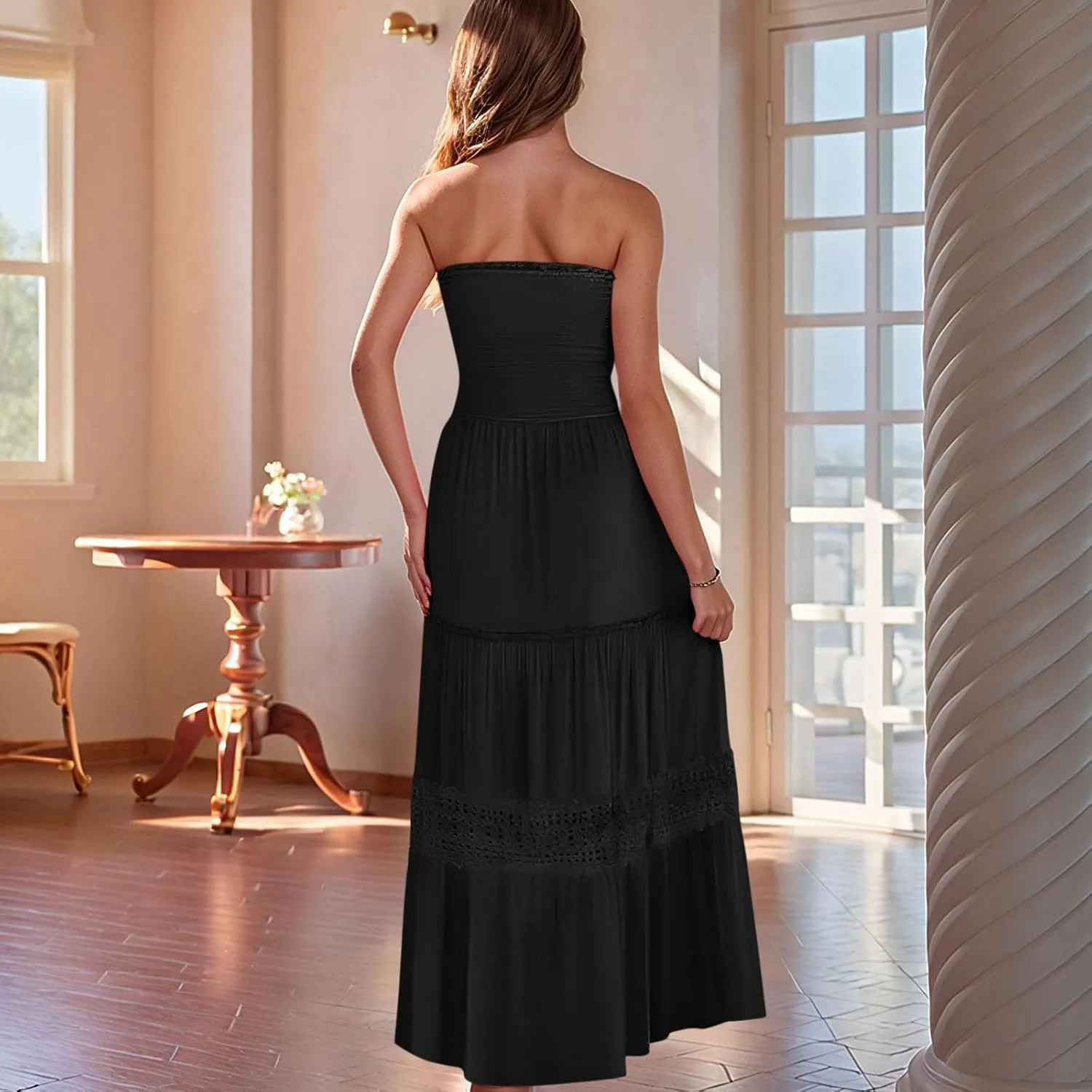 Maxi Dresses for Women 2025 Summer Boho Strapless Long Dresses Trendy Off Shoulder Smocked Lace Trim Maxi Dress 2025