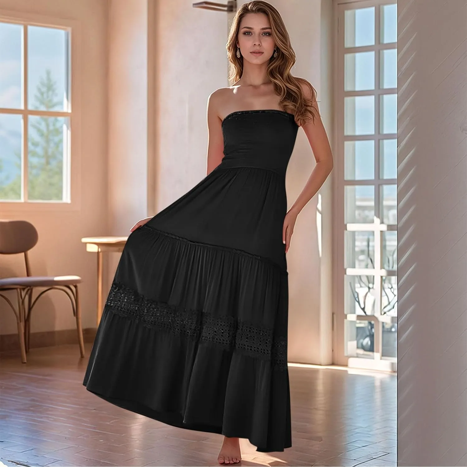 Maxi Dresses for Women 2025 Summer Boho Strapless Long Dresses Trendy Off Shoulder Smocked Lace Trim Maxi Dress 2025