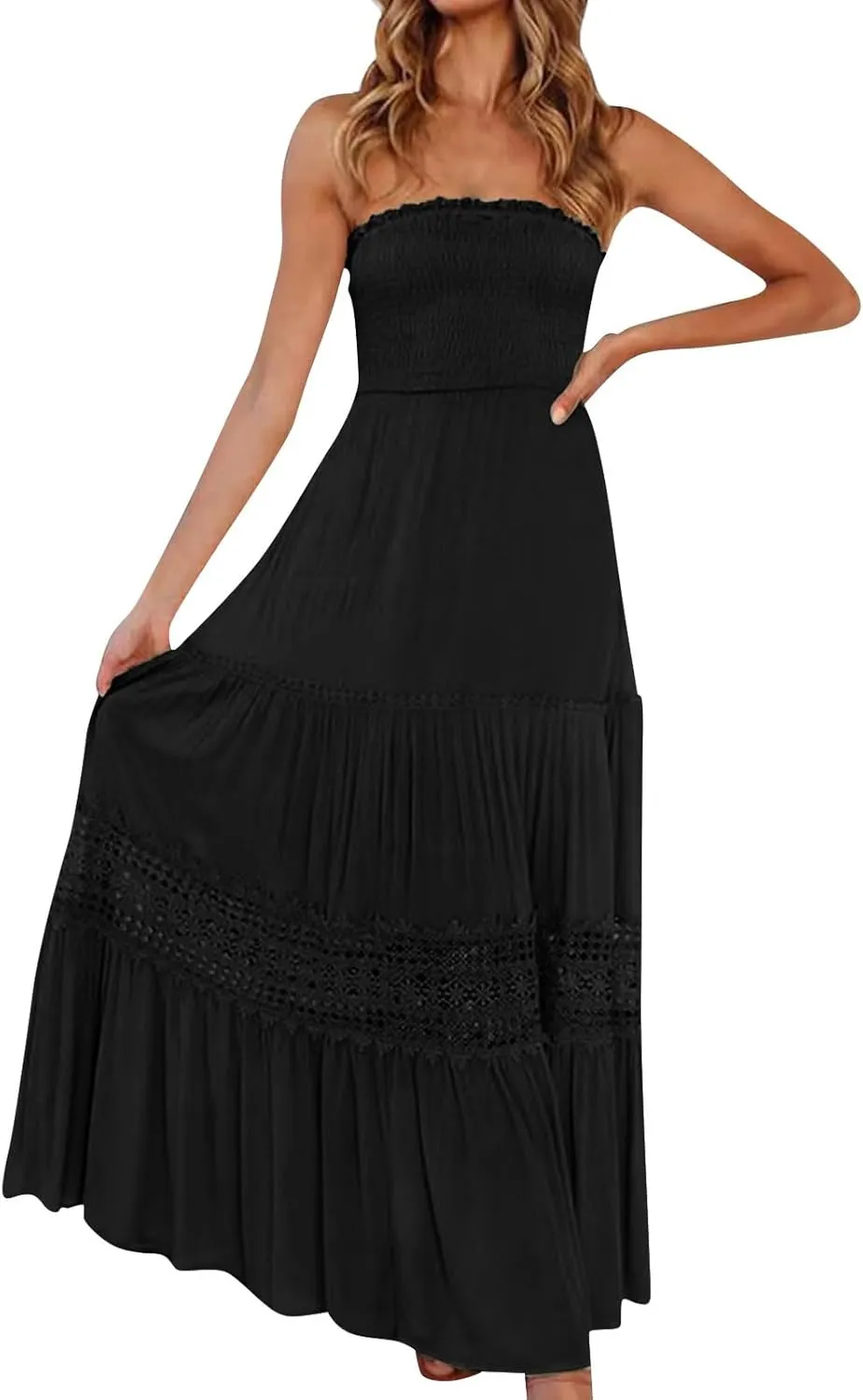 Maxi Dresses for Women 2025 Summer Boho Strapless Long Dresses Trendy Off Shoulder Smocked Lace Trim Maxi Dress 2025