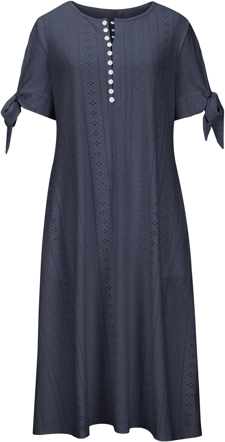 Maxi Long Dresses for Women 2025 Trendy Short Sleeve Eyelet Tshirt Dress Casual Summer Beach Vacation Sundress