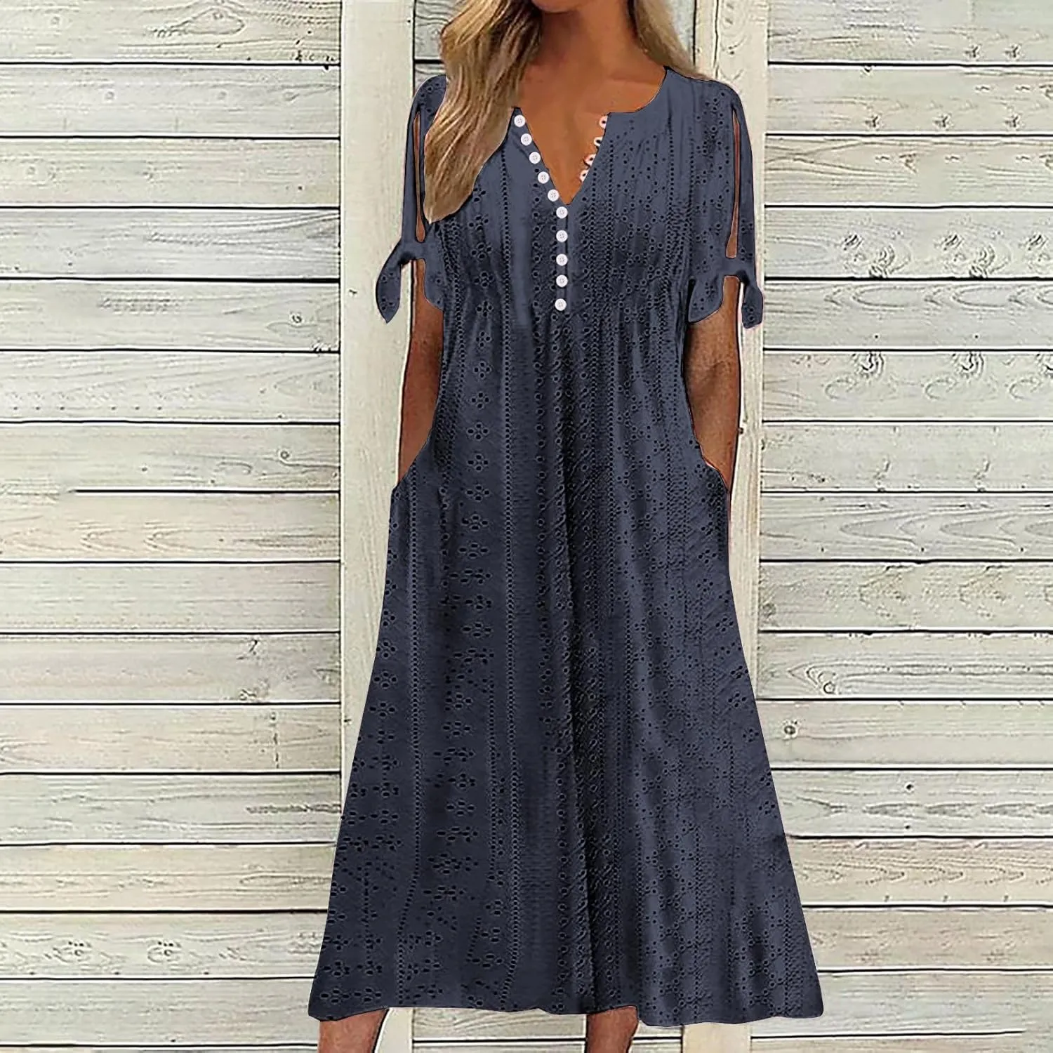 Maxi Long Dresses for Women 2025 Trendy Short Sleeve Eyelet Tshirt Dress Casual Summer Beach Vacation Sundress