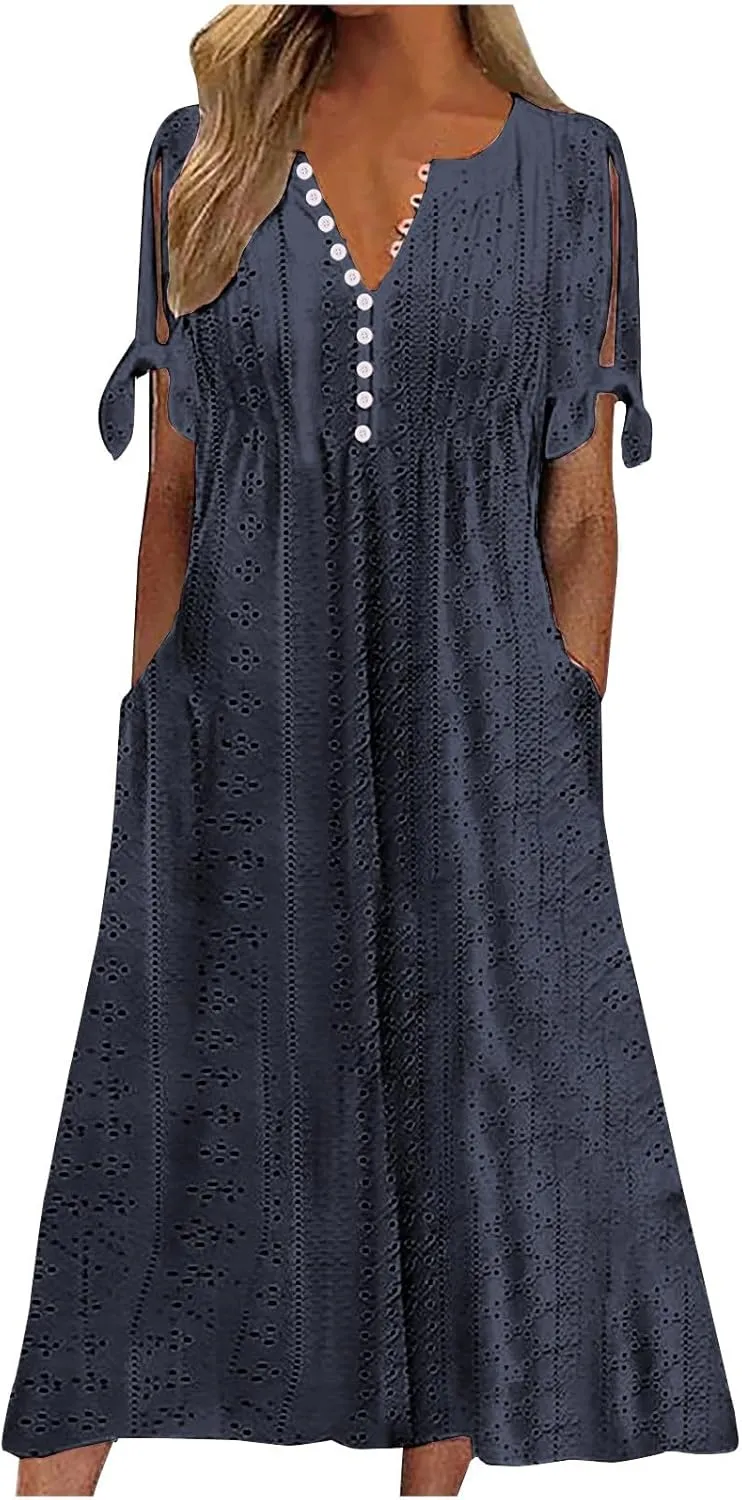 Maxi Long Dresses for Women 2025 Trendy Short Sleeve Eyelet Tshirt Dress Casual Summer Beach Vacation Sundress