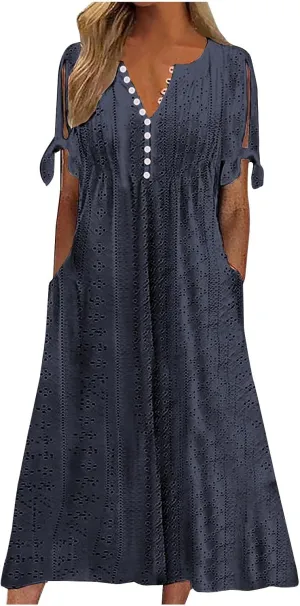 Maxi Long Dresses for Women 2025 Trendy Short Sleeve Eyelet Tshirt Dress Casual Summer Beach Vacation Sundress