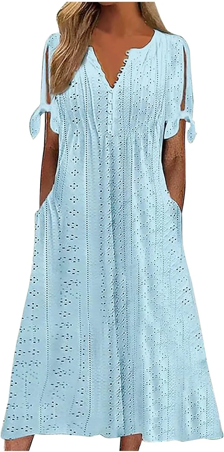 Maxi Long Dresses for Women 2025 Vacation Casual Short Sleeve Eyelet Tshirt Dress Summer Beach Travel Sundress Trendy