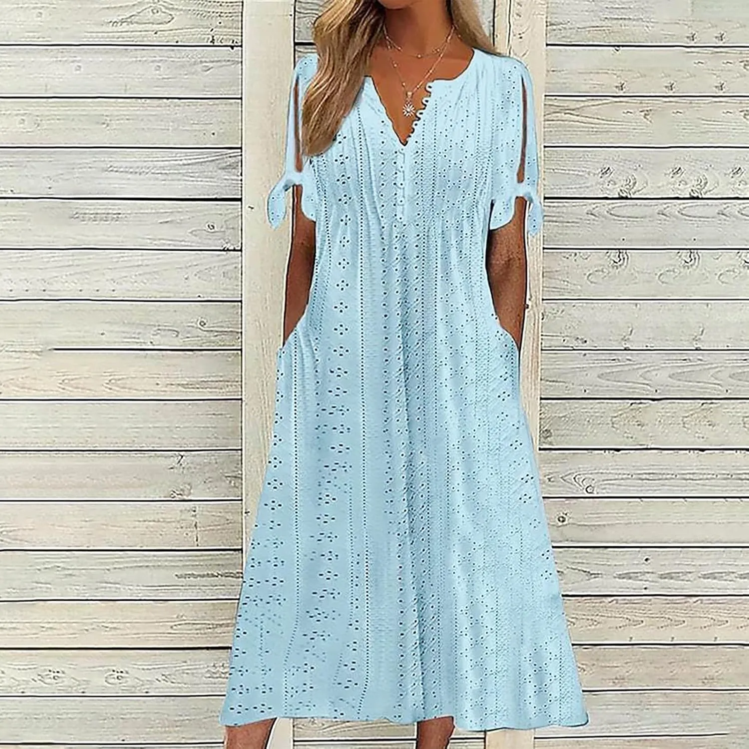 Maxi Long Dresses for Women 2025 Vacation Casual Short Sleeve Eyelet Tshirt Dress Summer Beach Travel Sundress Trendy