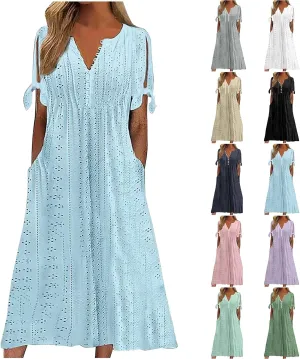 Maxi Long Dresses for Women 2025 Vacation Casual Short Sleeve Eyelet Tshirt Dress Summer Beach Travel Sundress Trendy