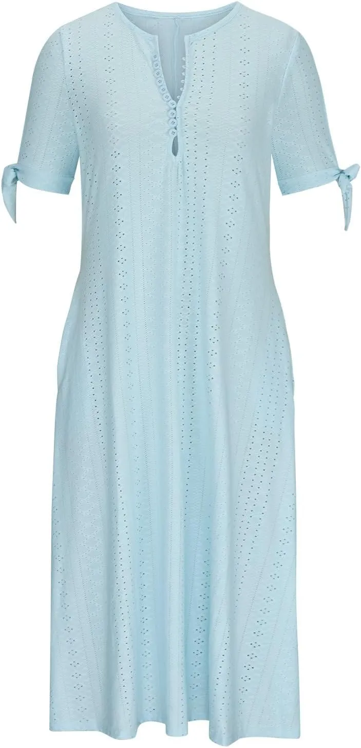 Maxi Long Dresses for Women 2025 Vacation Casual Short Sleeve Eyelet Tshirt Dress Summer Beach Travel Sundress Trendy