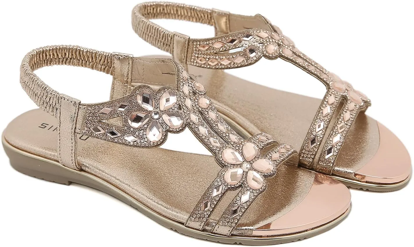 Meeshine Women's Ankle Strap Rhinestone Flat Sandals Casual Flower Beaded Bohemian Comfortable Beach Dressy Shoes