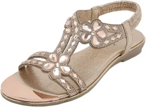 Meeshine Women's Ankle Strap Rhinestone Flat Sandals Casual Flower Beaded Bohemian Comfortable Beach Dressy Shoes