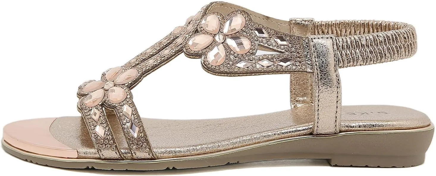Meeshine Women's Ankle Strap Rhinestone Flat Sandals Casual Flower Beaded Bohemian Comfortable Beach Dressy Shoes