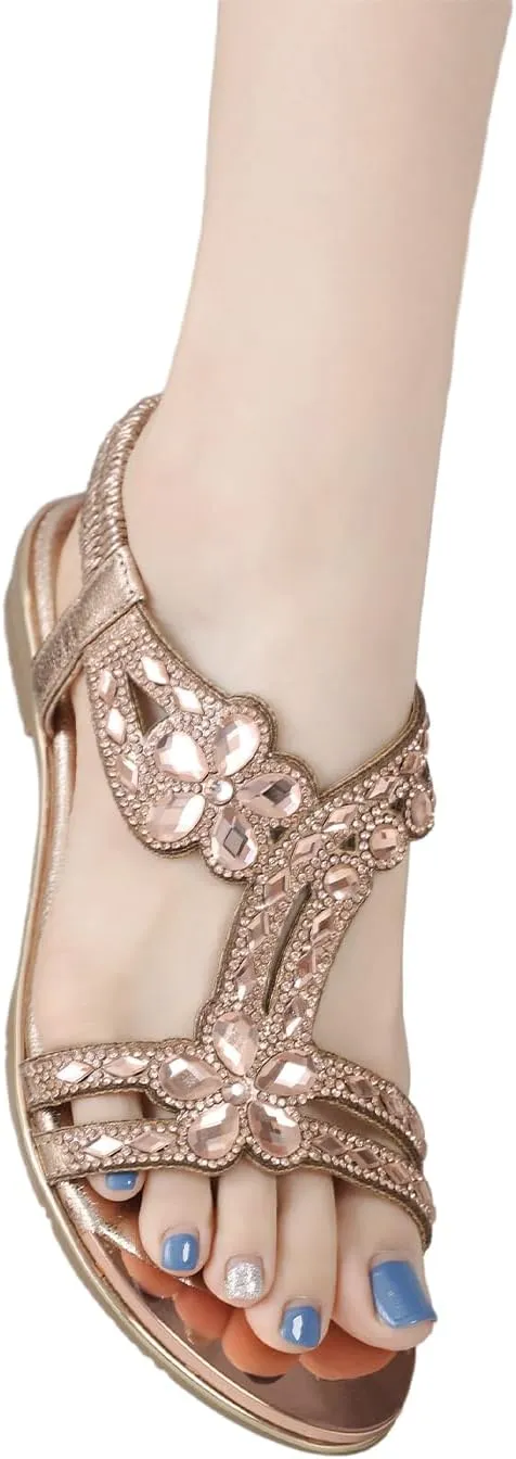Meeshine Women's Ankle Strap Rhinestone Flat Sandals Casual Flower Beaded Bohemian Comfortable Beach Dressy Shoes