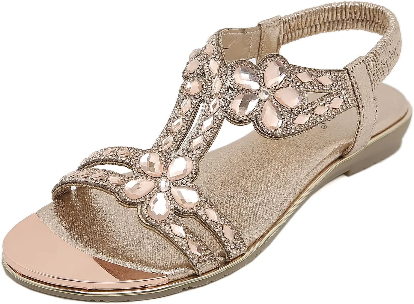 Meeshine Women's Ankle Strap Rhinestone Flat Sandals Casual Flower Beaded Bohemian Comfortable Beach Dressy Shoes