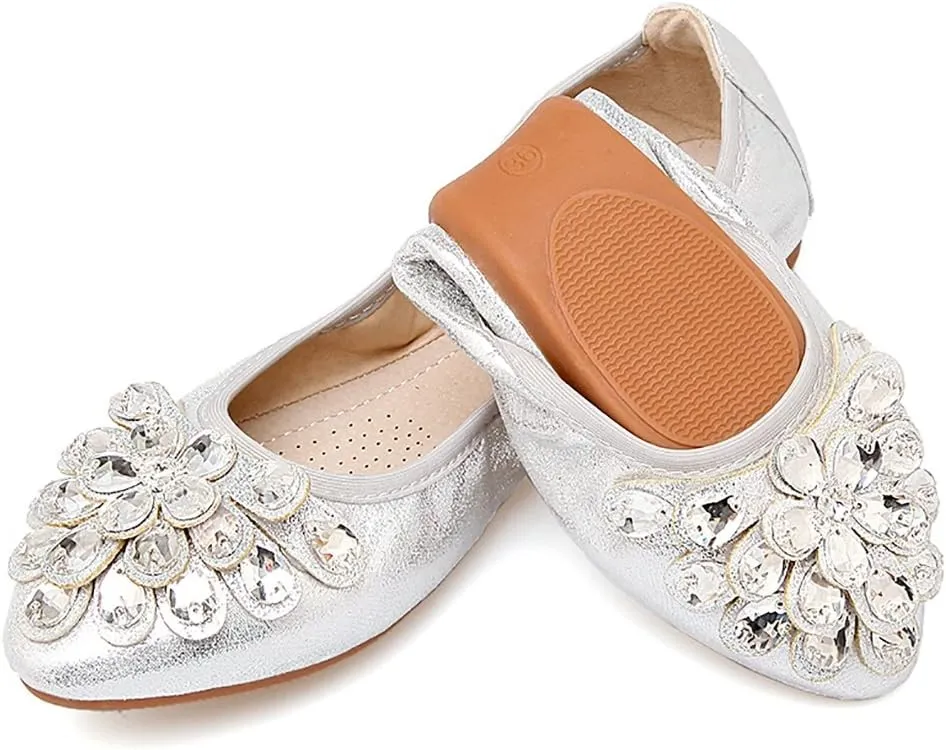 Meeshine Womens Foldable Soft Pointed Toe Ballet Flats Rhinestone Comfort Slip on Flat Shoes
