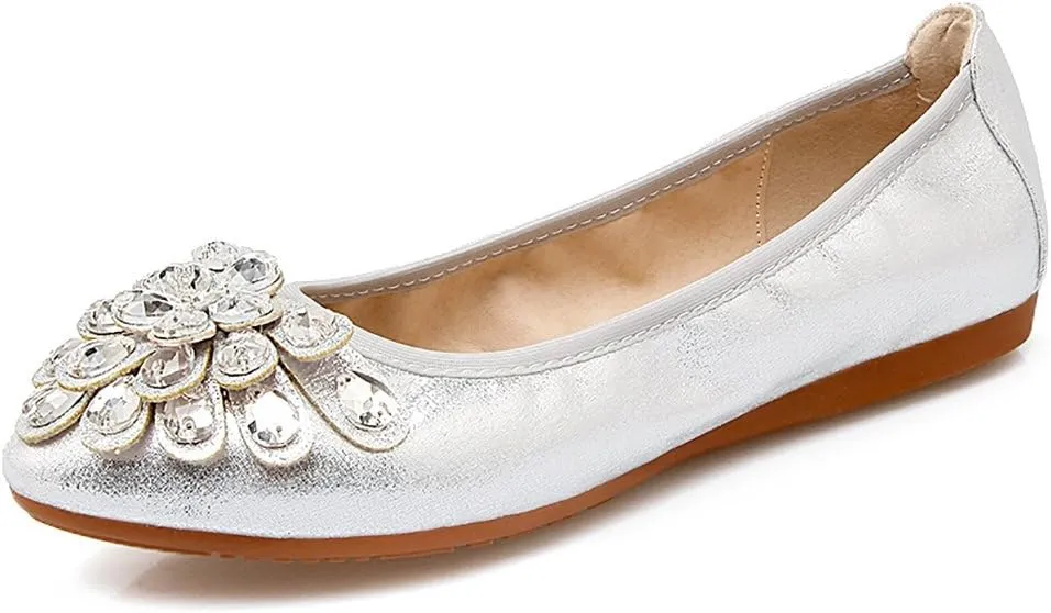 Meeshine Womens Foldable Soft Pointed Toe Ballet Flats Rhinestone Comfort Slip on Flat Shoes