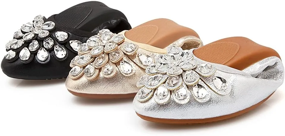 Meeshine Womens Foldable Soft Pointed Toe Ballet Flats Rhinestone Comfort Slip on Flat Shoes