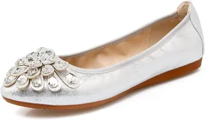 Meeshine Womens Foldable Soft Pointed Toe Ballet Flats Rhinestone Comfort Slip on Flat Shoes