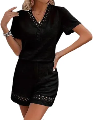 Melliflo Women's Summer 2 Piece Outfits Hollow Out V Neck Top Short Set Casual Loose Solid Color Matching Sets