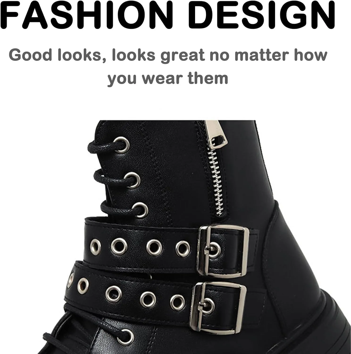 Men's Black Leather Platform Ankle Boots Lace up Side Zip Adjustable Buckle Lug Sole Non-Slip Combat Booties Fashion Punk Motorcycle Boots