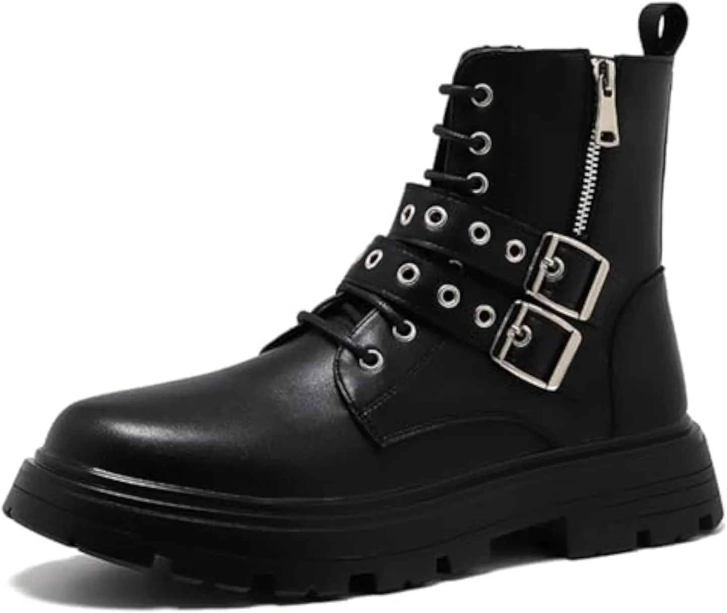 Men's Black Leather Platform Ankle Boots Lace up Side Zip Adjustable Buckle Lug Sole Non-Slip Combat Booties Fashion Punk Motorcycle Boots