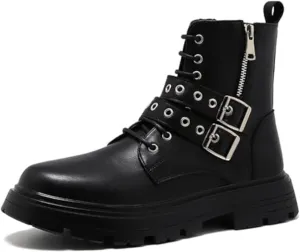 Men's Black Leather Platform Ankle Boots Lace up Side Zip Adjustable Buckle Lug Sole Non-Slip Combat Booties Fashion Punk Motorcycle Boots