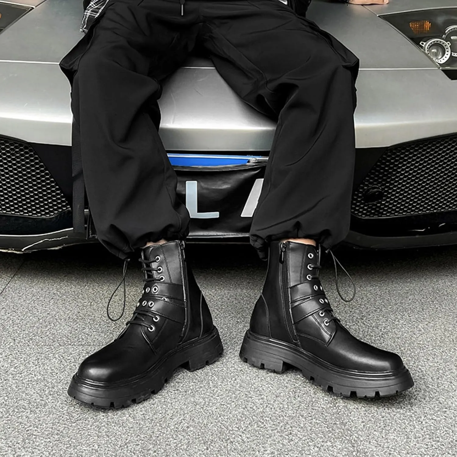 Men's Black Leather Platform Ankle Boots Lace up Side Zip Adjustable Buckle Lug Sole Non-Slip Combat Booties Fashion Punk Motorcycle Boots