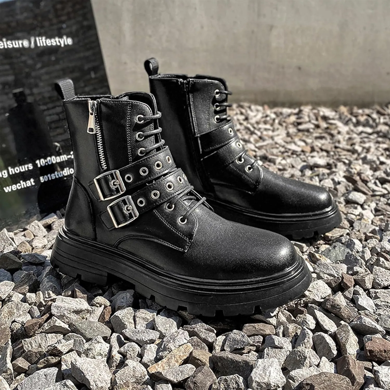 Men's Black Leather Platform Ankle Boots Lace up Side Zip Adjustable Buckle Lug Sole Non-Slip Combat Booties Fashion Punk Motorcycle Boots