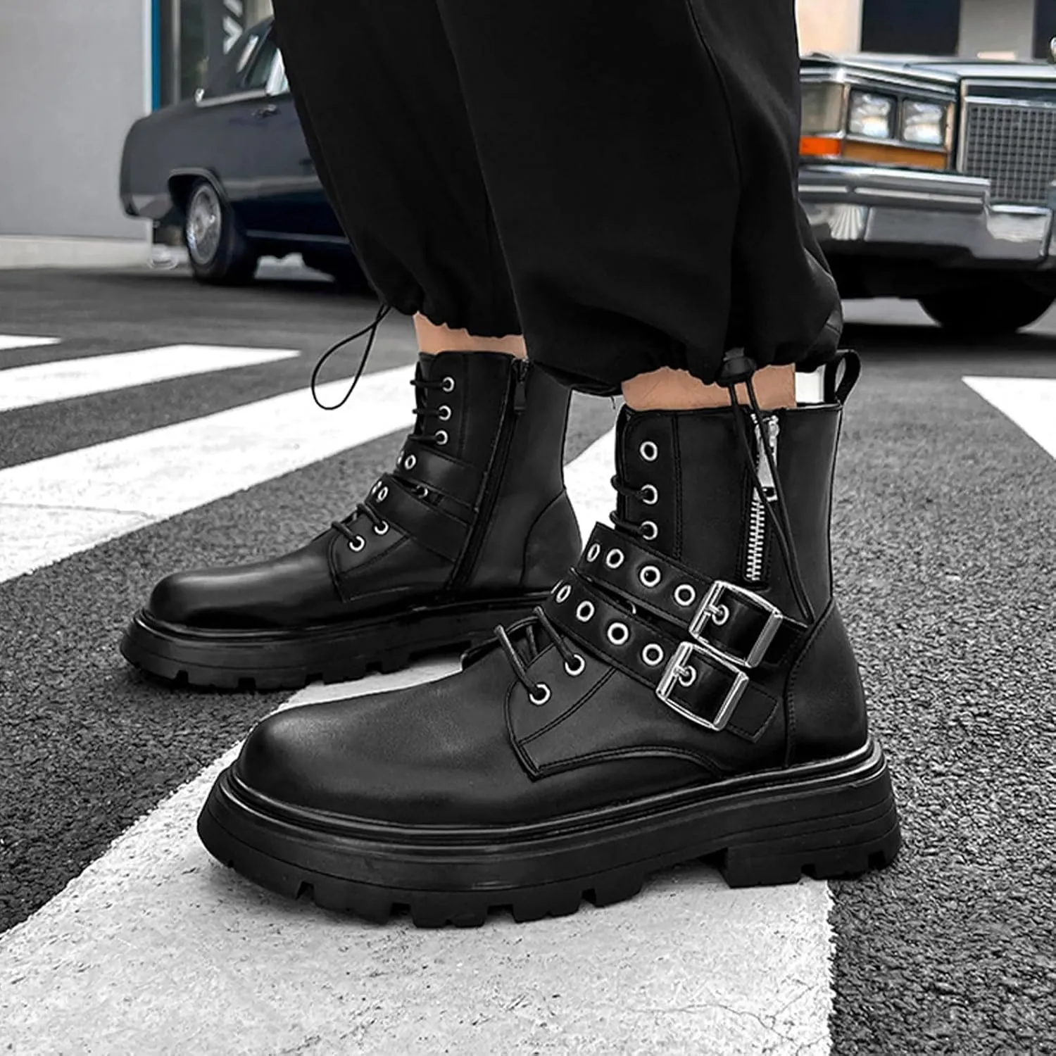 Men's Black Leather Platform Ankle Boots Lace up Side Zip Adjustable Buckle Lug Sole Non-Slip Combat Booties Fashion Punk Motorcycle Boots