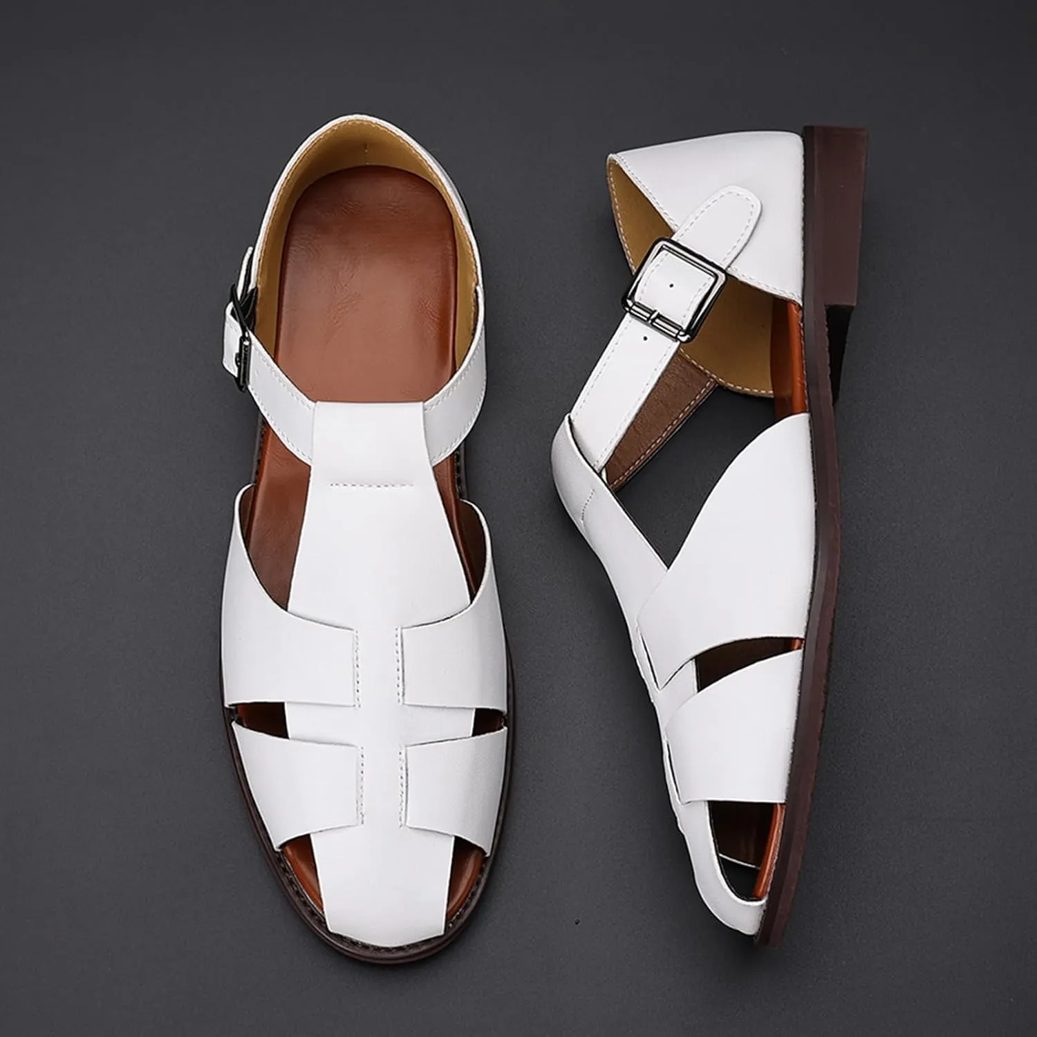 Men's Closed-Toe Flat Fisherman Sandals Lightweight Non-Slip Adjustable Hook & Loop Leather Wading Sandals for Summer Beach Casual Daily Wear