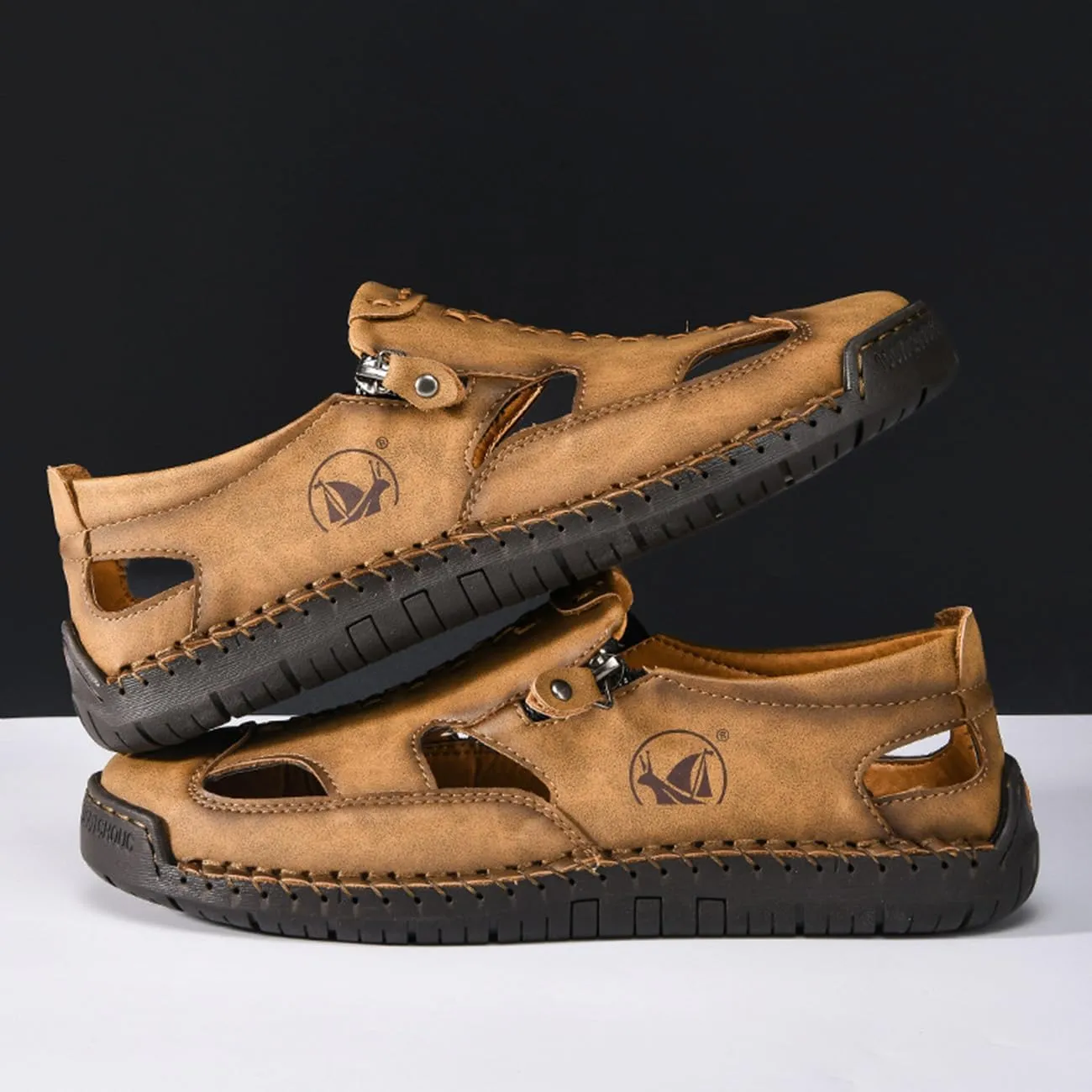 Men's Closed Toe Leather Sandals Non-Slip Beach Hiking Shoes Summer Casual Hollow Out Loafer for Daily Wear