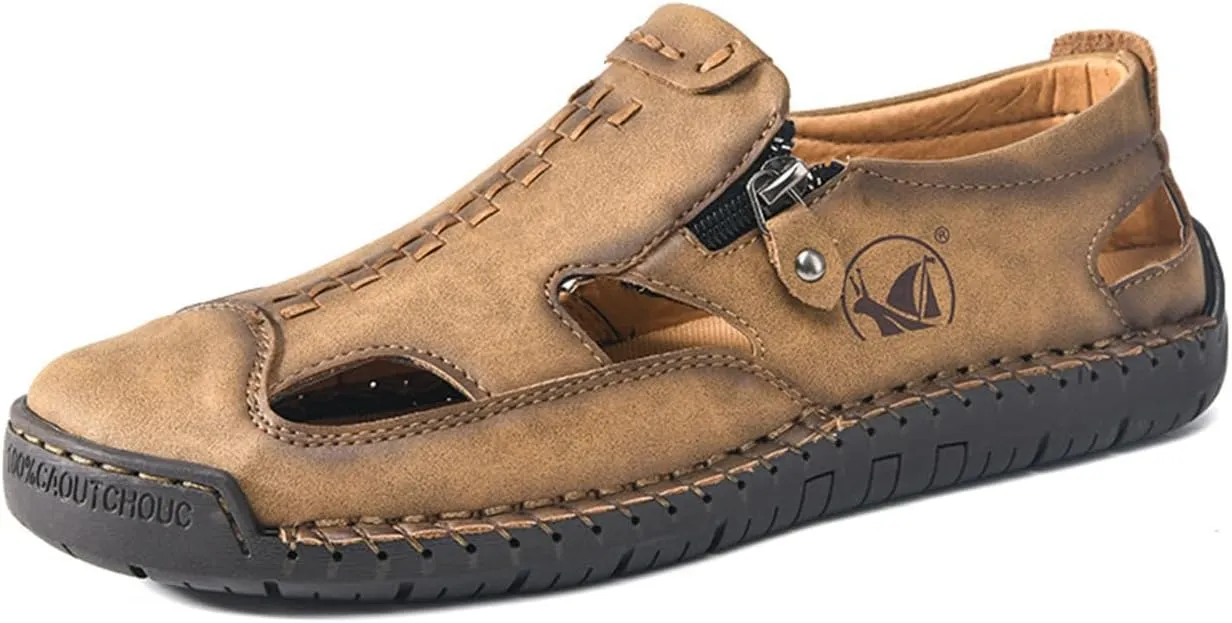 Men's Closed Toe Leather Sandals Non-Slip Beach Hiking Shoes Summer Casual Hollow Out Loafer for Daily Wear