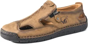 Men's Closed Toe Leather Sandals Non-Slip Beach Hiking Shoes Summer Casual Hollow Out Loafer for Daily Wear