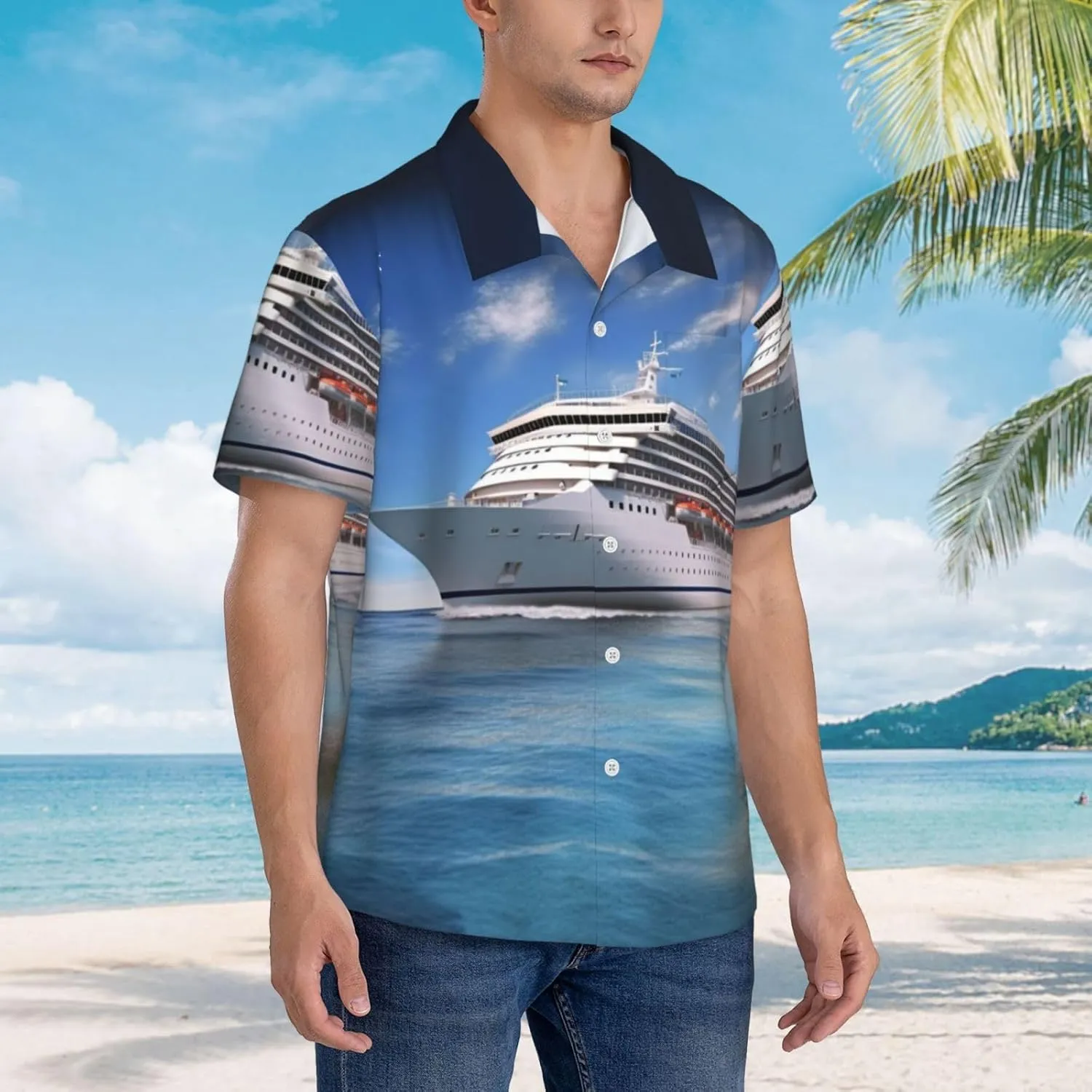 Men's Hawaiian Shirt Seaside Cruise Ship Short Sleeve Button Down Tropical Holiday Beach Vacation Shirt