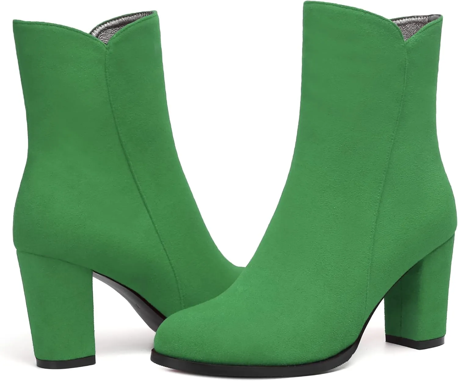 MERRORI Womens Round Toe Office Suede Zip Booties Work Casual Chunky High Heel Zip High Boots 3.3 Inch