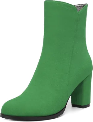 MERRORI Womens Round Toe Office Suede Zip Booties Work Casual Chunky High Heel Zip High Boots 3.3 Inch