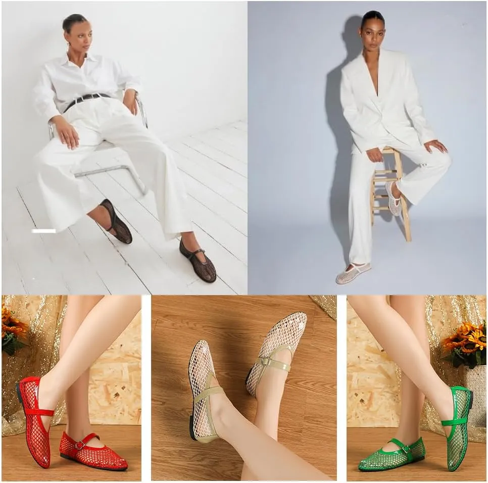 Mesh Ankle Strap Flats for Women Buckle Strap Comfortable Ballet Shoes Casual Mary Jane Flats Women's Mesh Ballet Flats